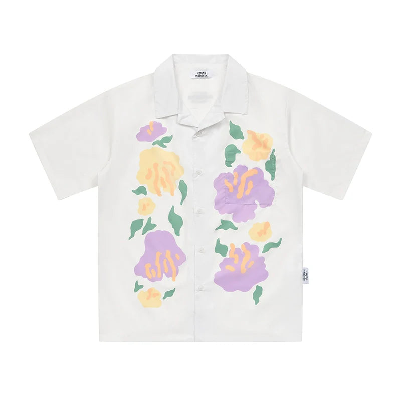 EMPTY REFERENCE Hand Painted Floral Print Short Sleeve Shirt