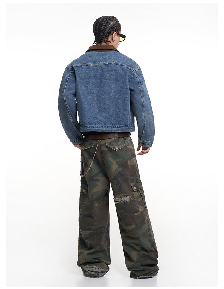 F3F Select Suede Lapel Washed Denim Jacket