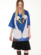 EMPTY REFERENCE Hand Painted Swan Print Short Sleeve Shirt