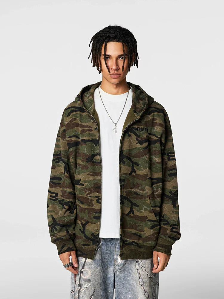 Achock Patch Embroidery Camouflage Zip Up Hoodie