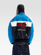 BLIND NO PLAN Color Block Embroidered Racing Leather Jacket