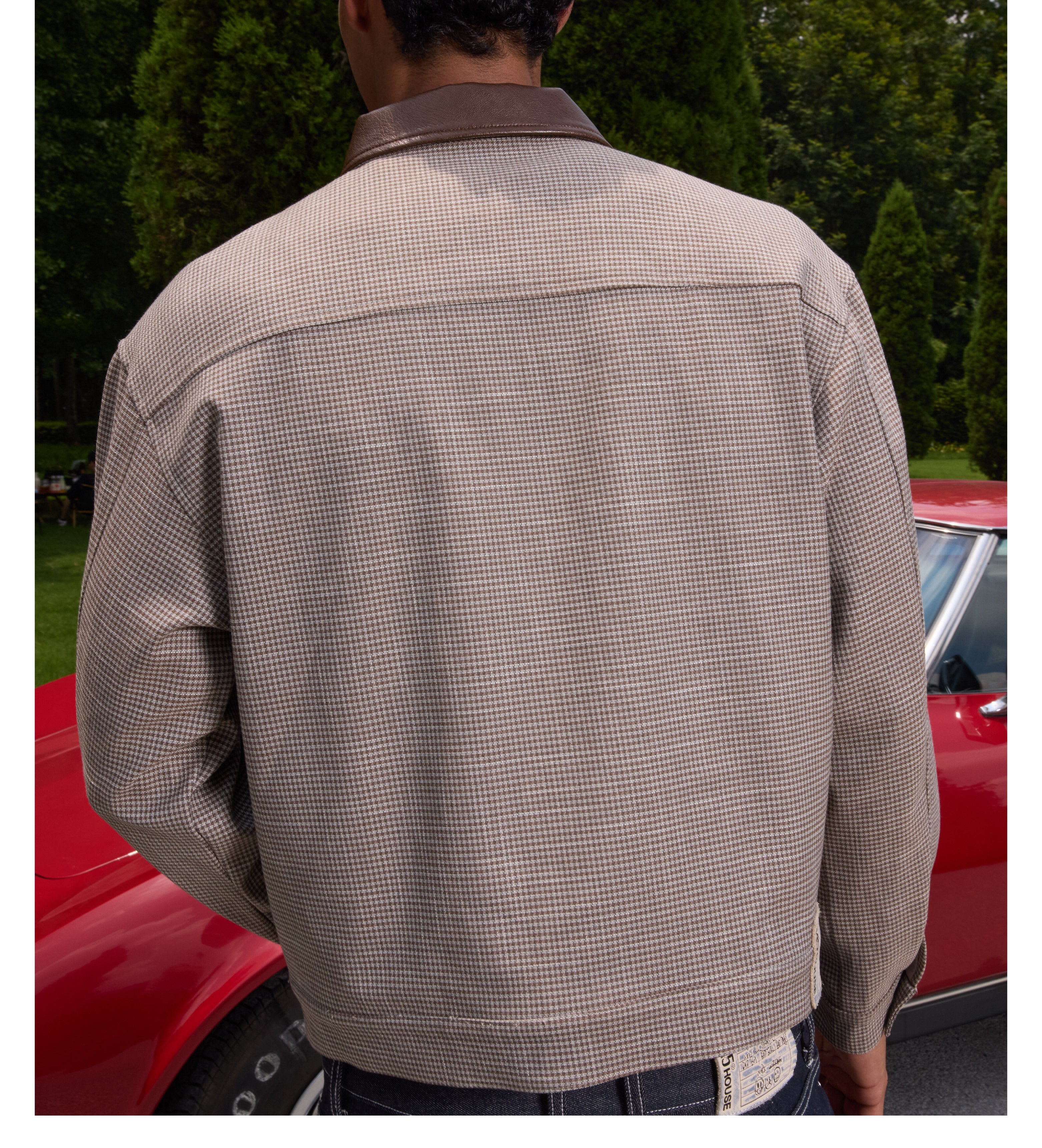 S45 Plaid Pearl Button Leather Lapel Short Jacket