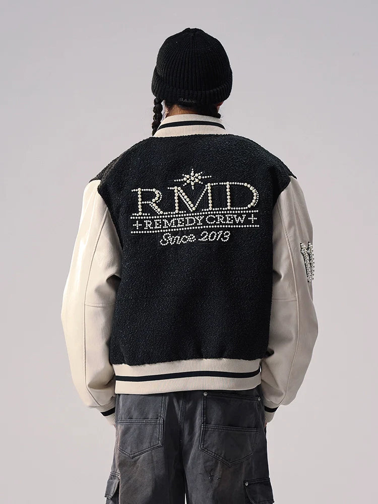 Remedy RMD Pearl Embroidered Leather Varsity Jacket