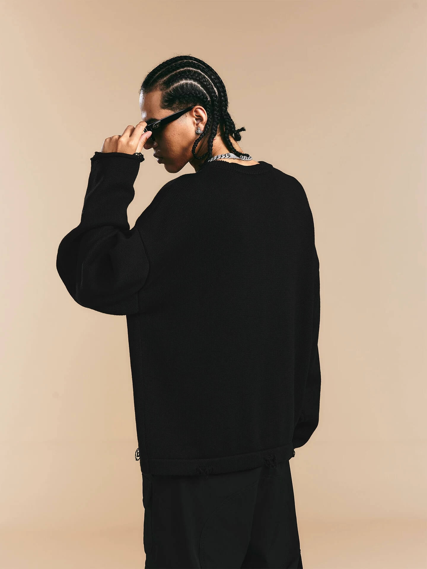 1807 3D Logo Embroidered Distressed Knit Sweater