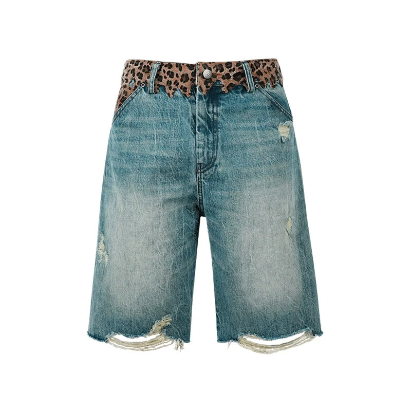 ANTIDOTE Leopard Patchwork Denim Shorts