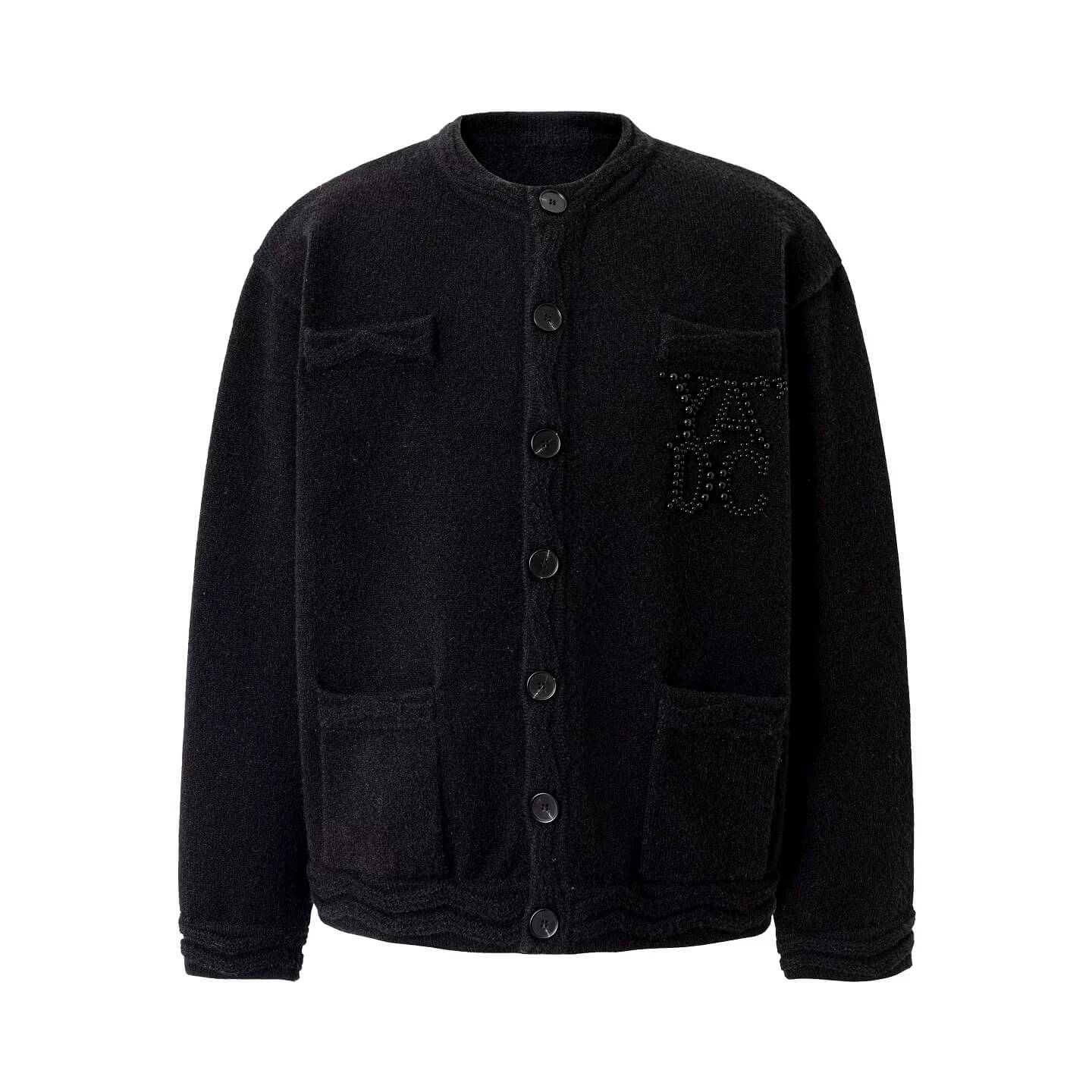 YADcrew Pearl Embellished Jacquard Knit Crew Neck Cardigan
