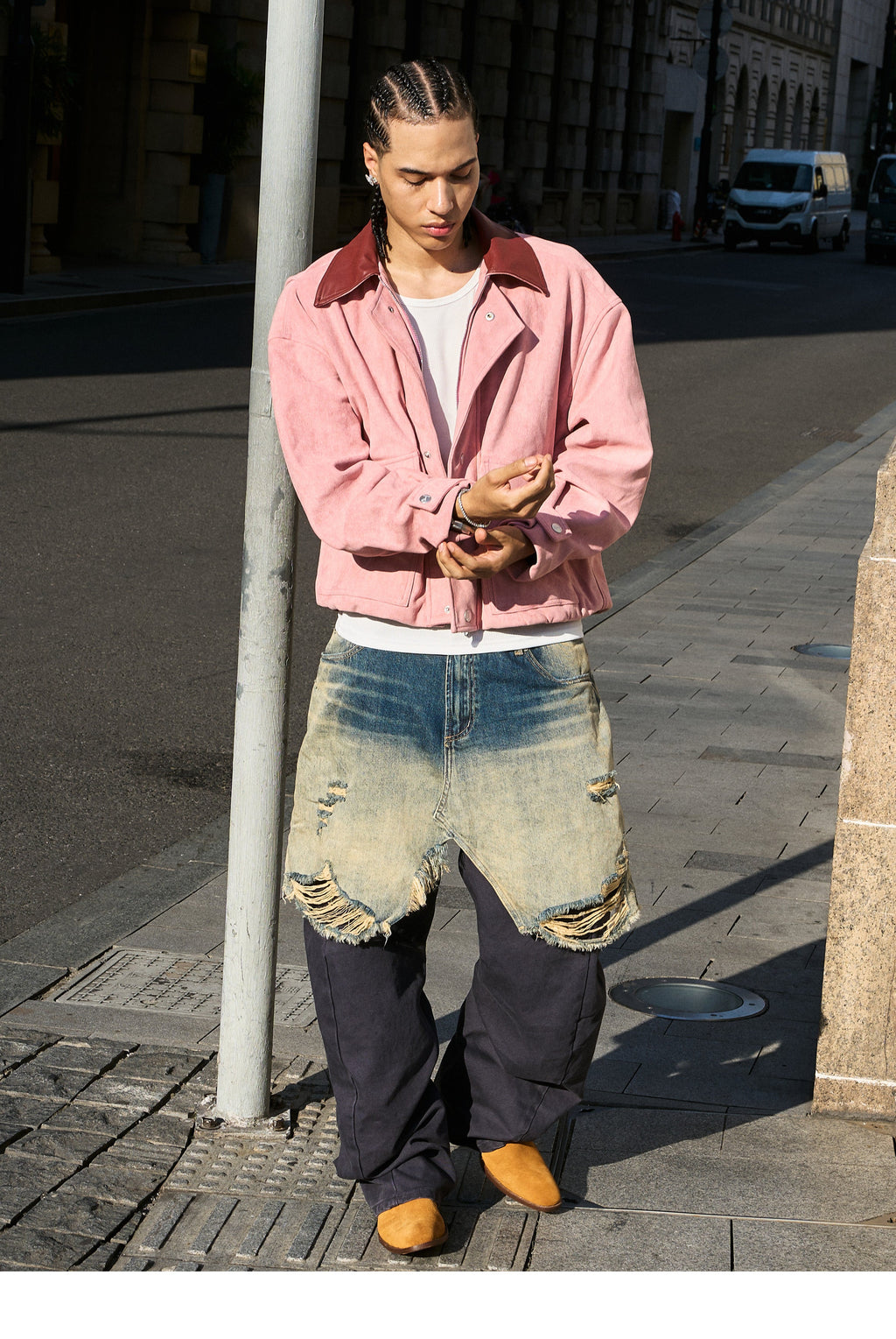 STEEPC Layered Design Washed Distressed Baggy Jeans