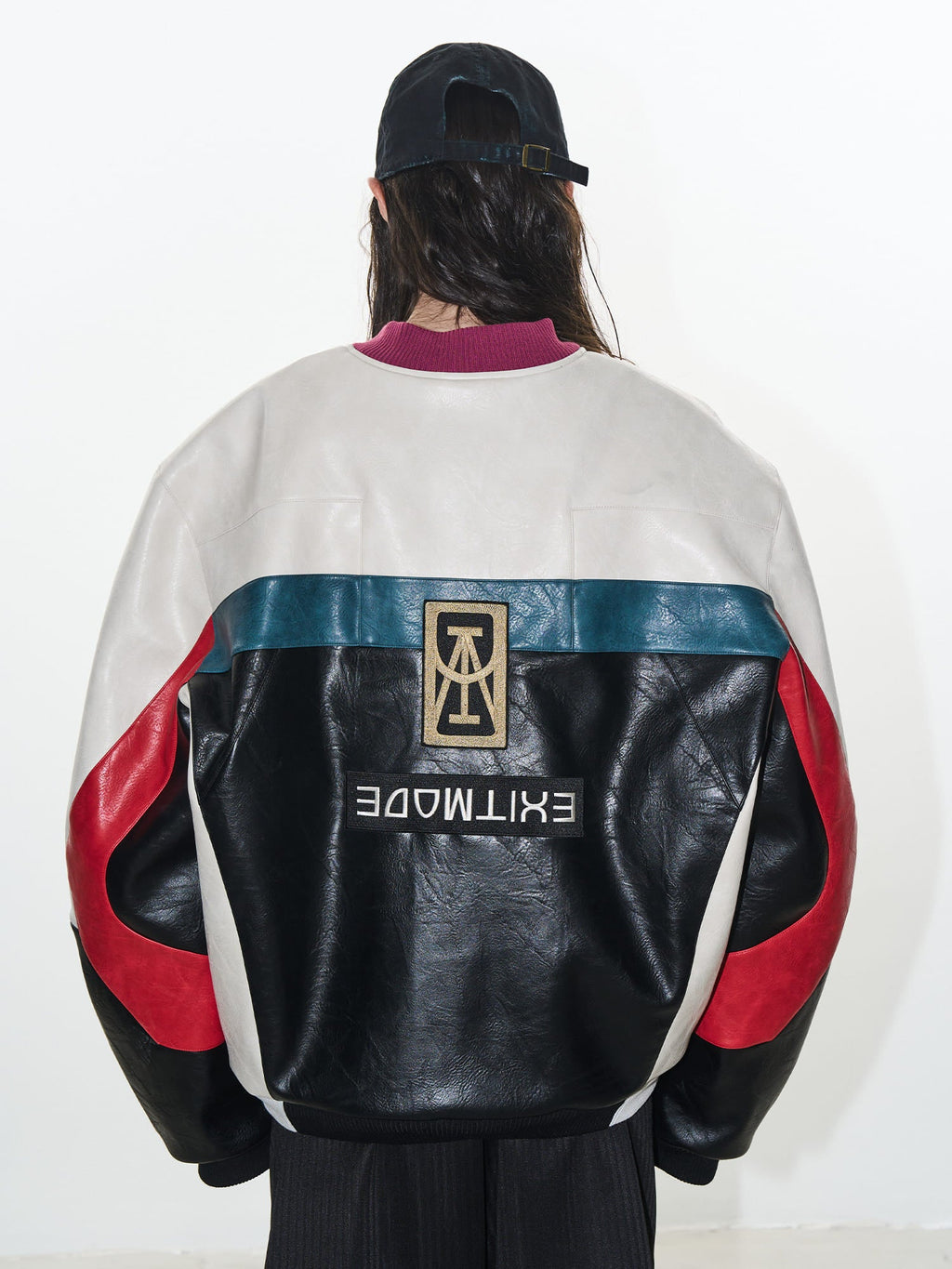 BLIND NO PLAN Colorblocked Embroidered Racing Leather Jacket