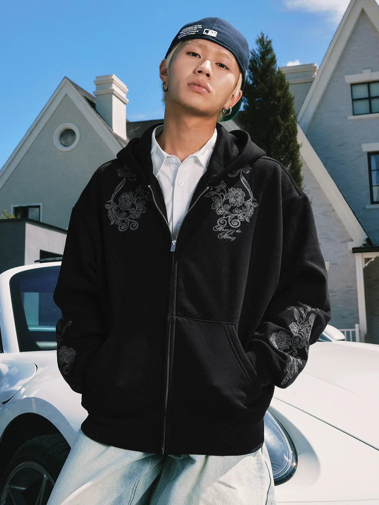 MEDM Patterned Flower Embroidered Zip Up Hoodie
