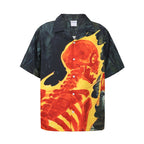 UNTILWERICH Cuban Collar Flaming Skull Short Sleeve Shirt