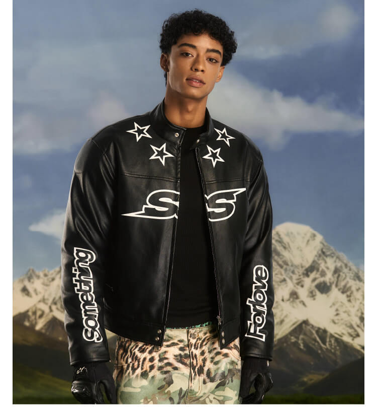 S45 Star Print PU Leather Leopard Lined Biker Jacket