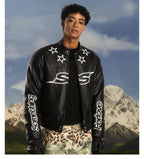 S45 Star Print PU Leather Leopard Lined Biker Jacket