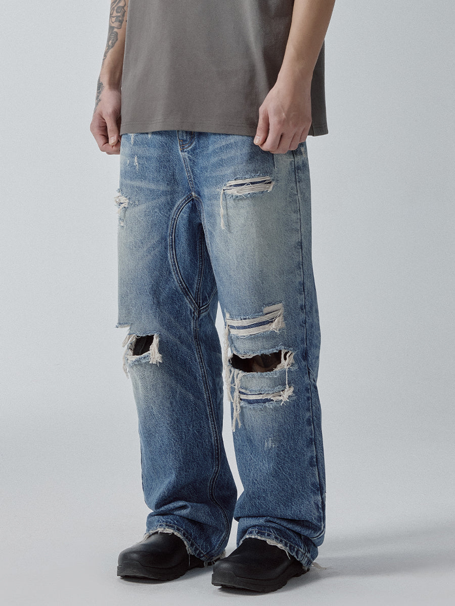 F2CE Washed Distressed Hole Jeans