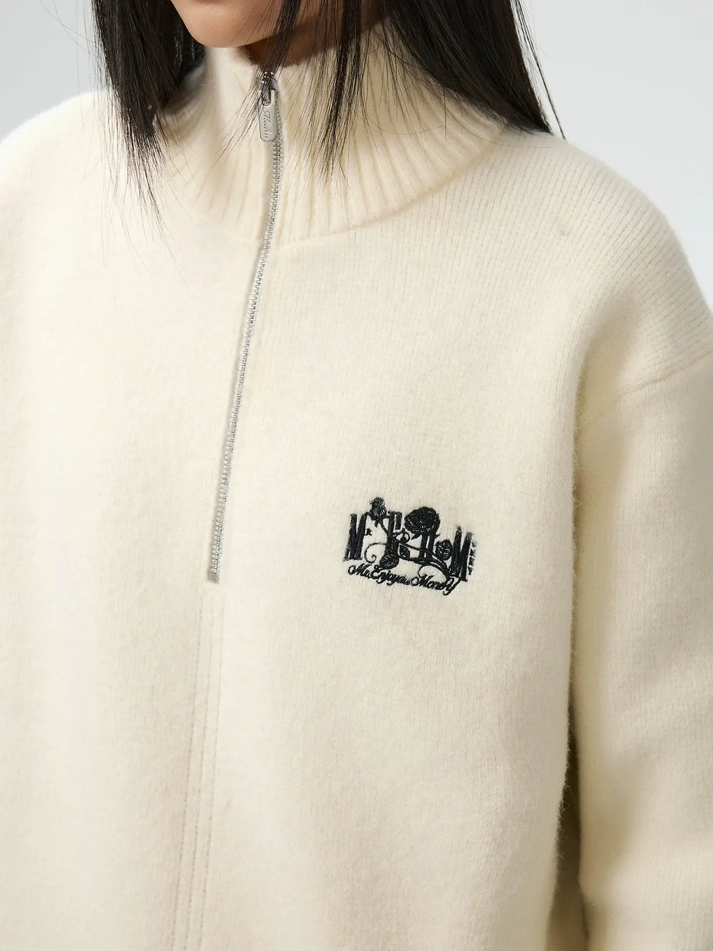 MEDM Rose Embroidered Half Zip Knit Sweater