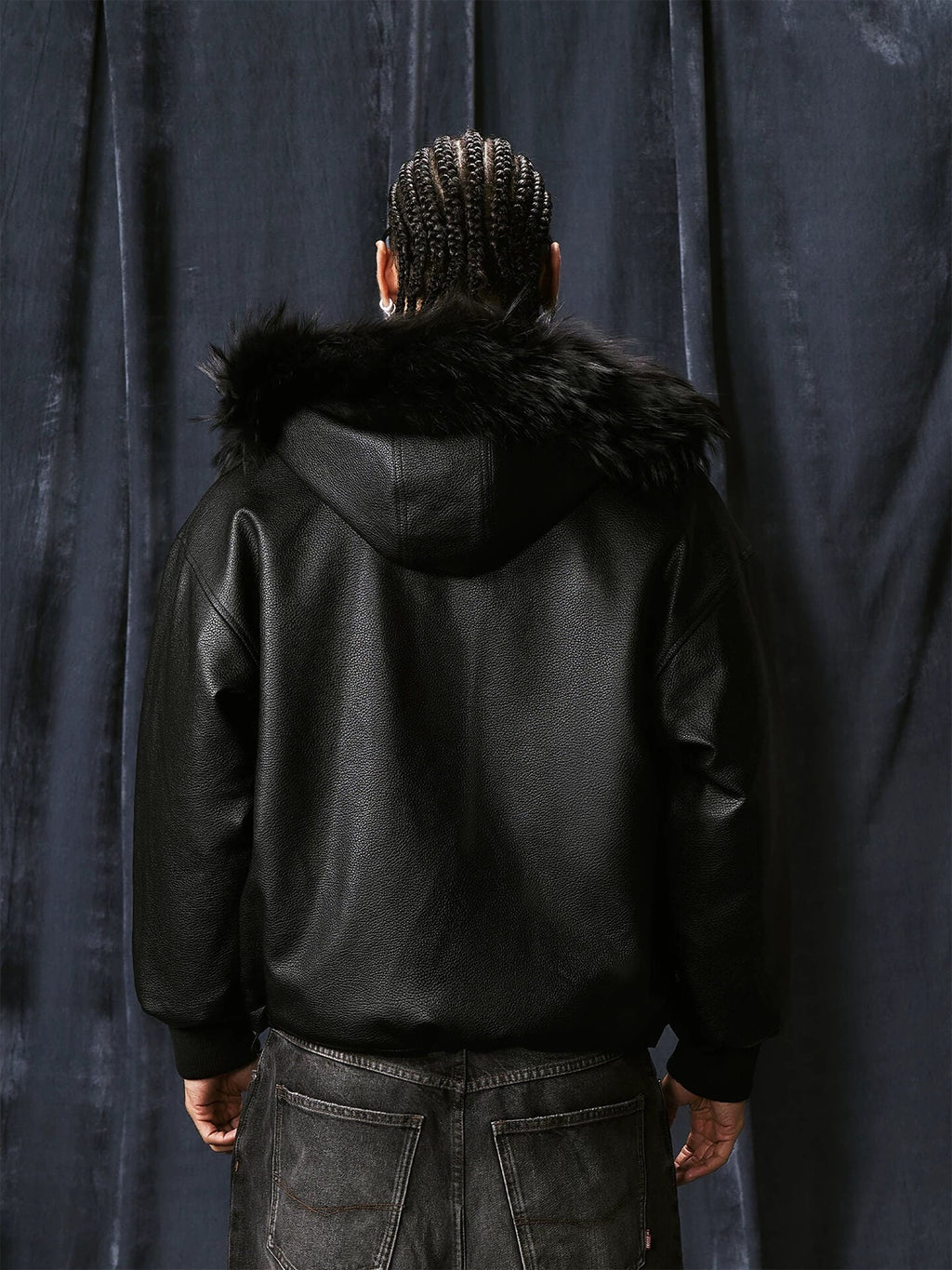 1807 Fur Collar PU Leather Hooded Jacket