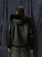 1807 Fur Collar PU Leather Hooded Jacket
