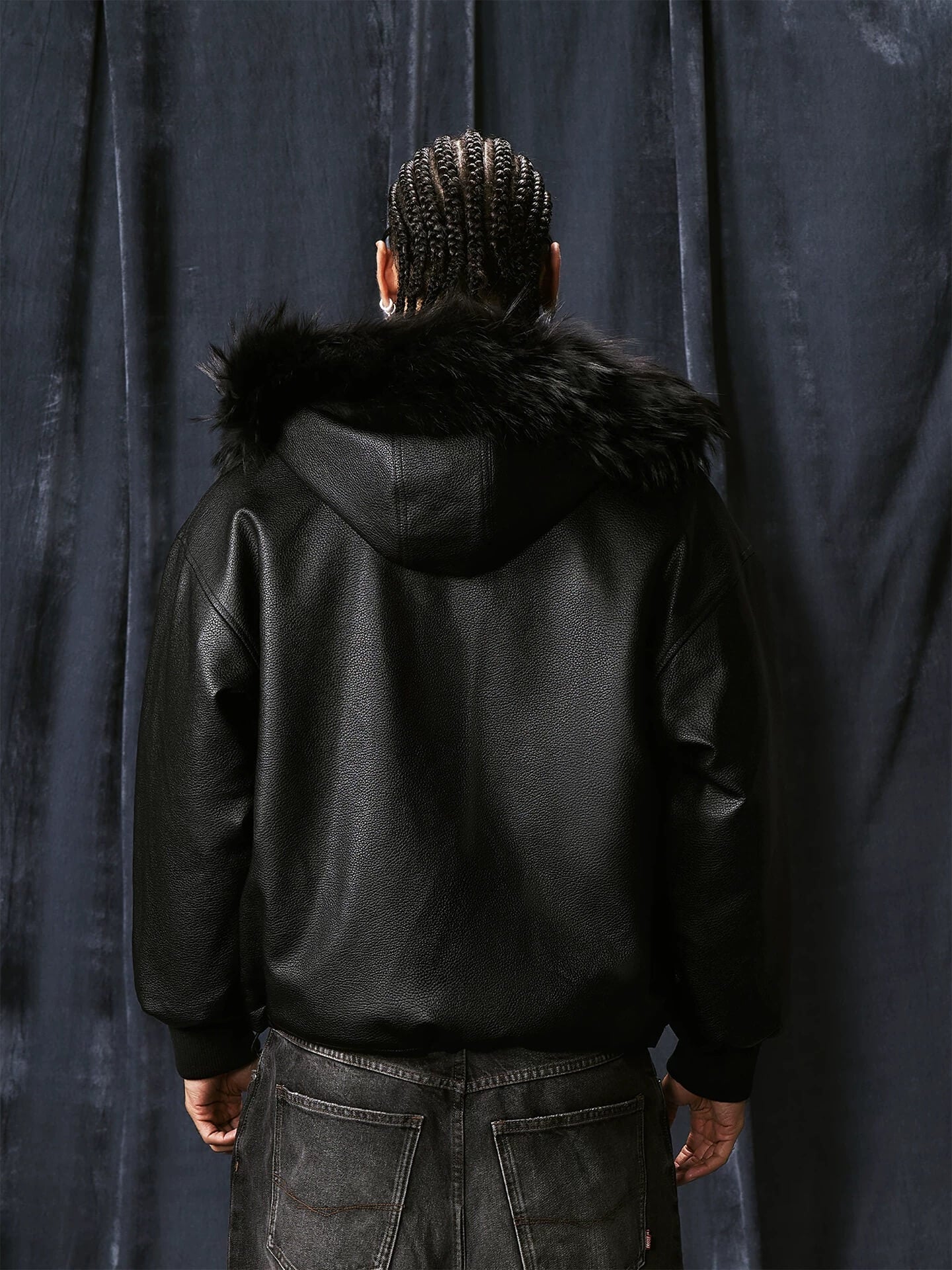 1807 Fur Collar PU Leather Hooded Jacket