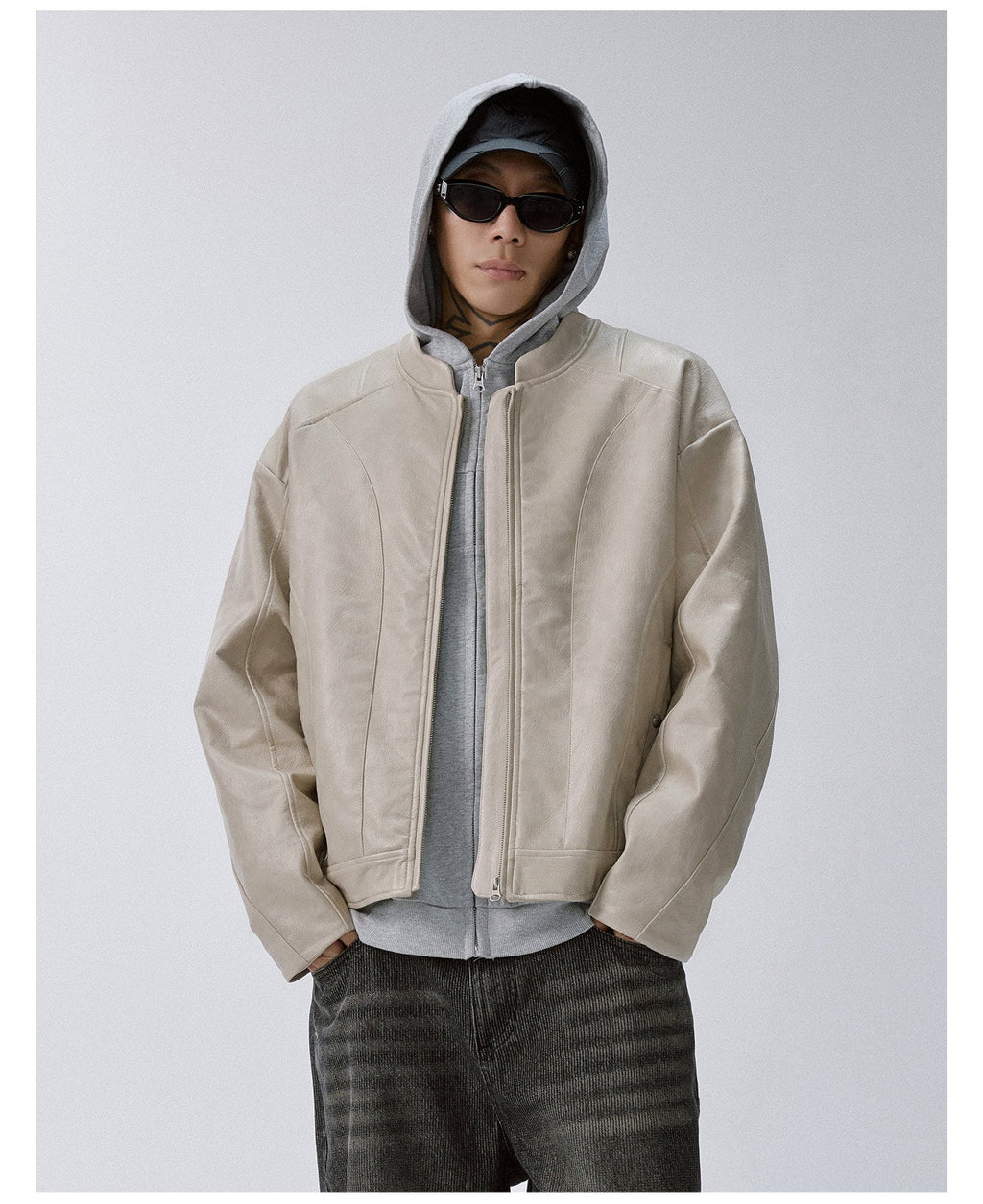 F2CE Patchwork Grain PU Leather Racing Jacket