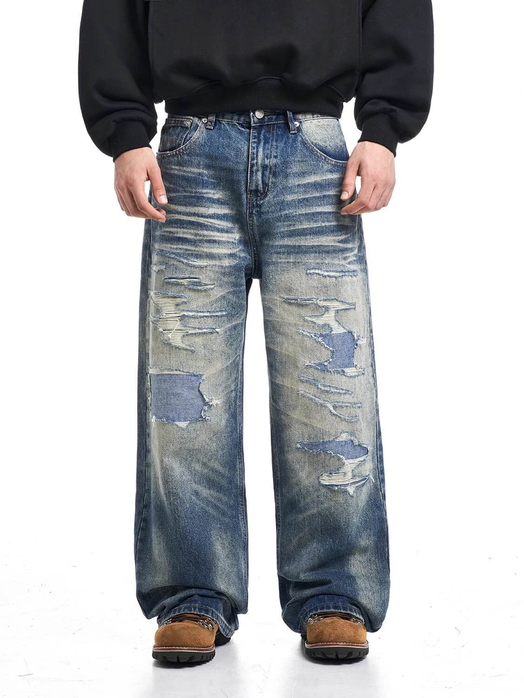 F3F Select Heavy Distressed Washed Patchwork Baggy Jeans