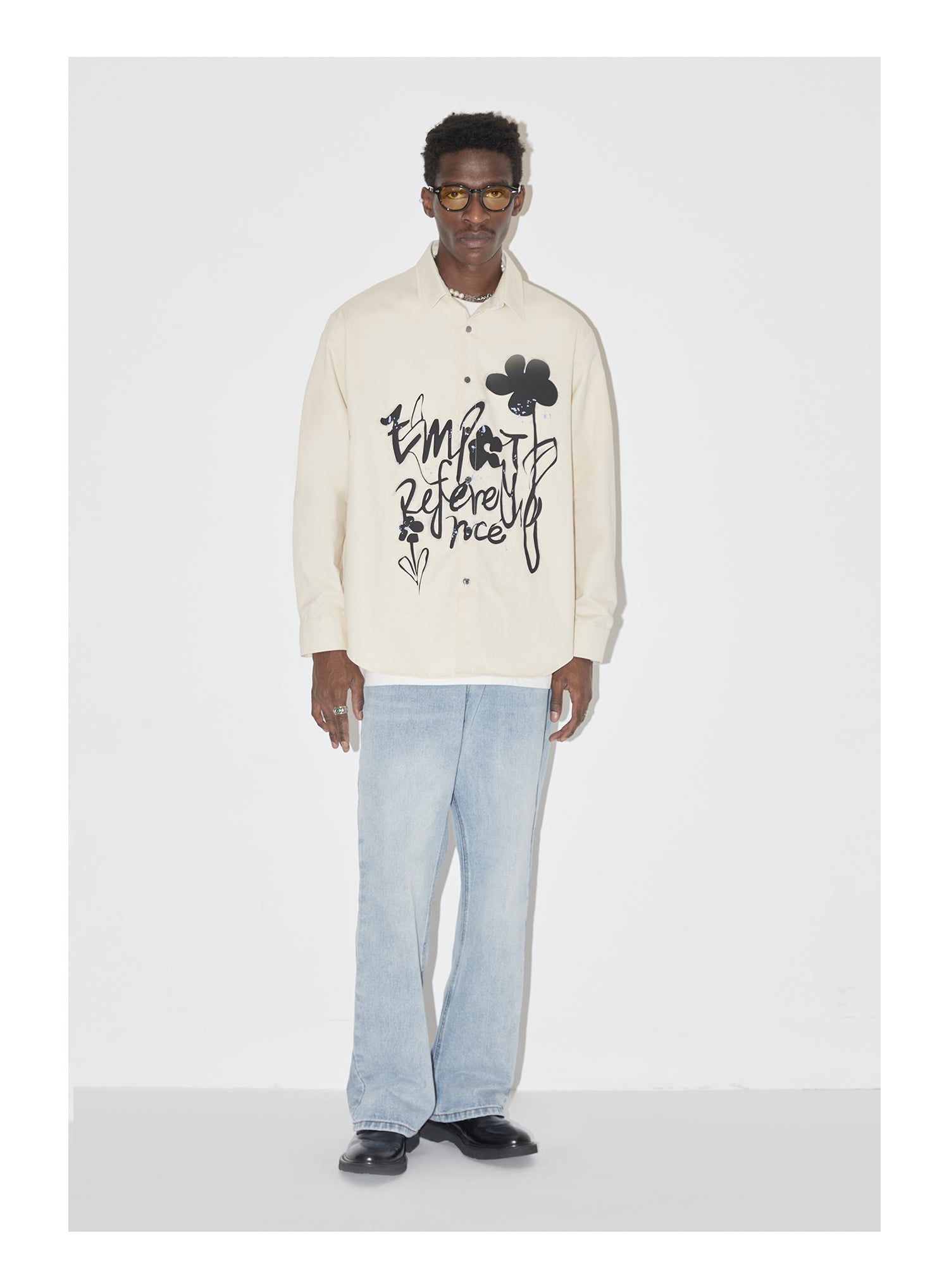 EMPTY REFERENCE Ink Graffiti Flower Print Long Sleeved Shirt