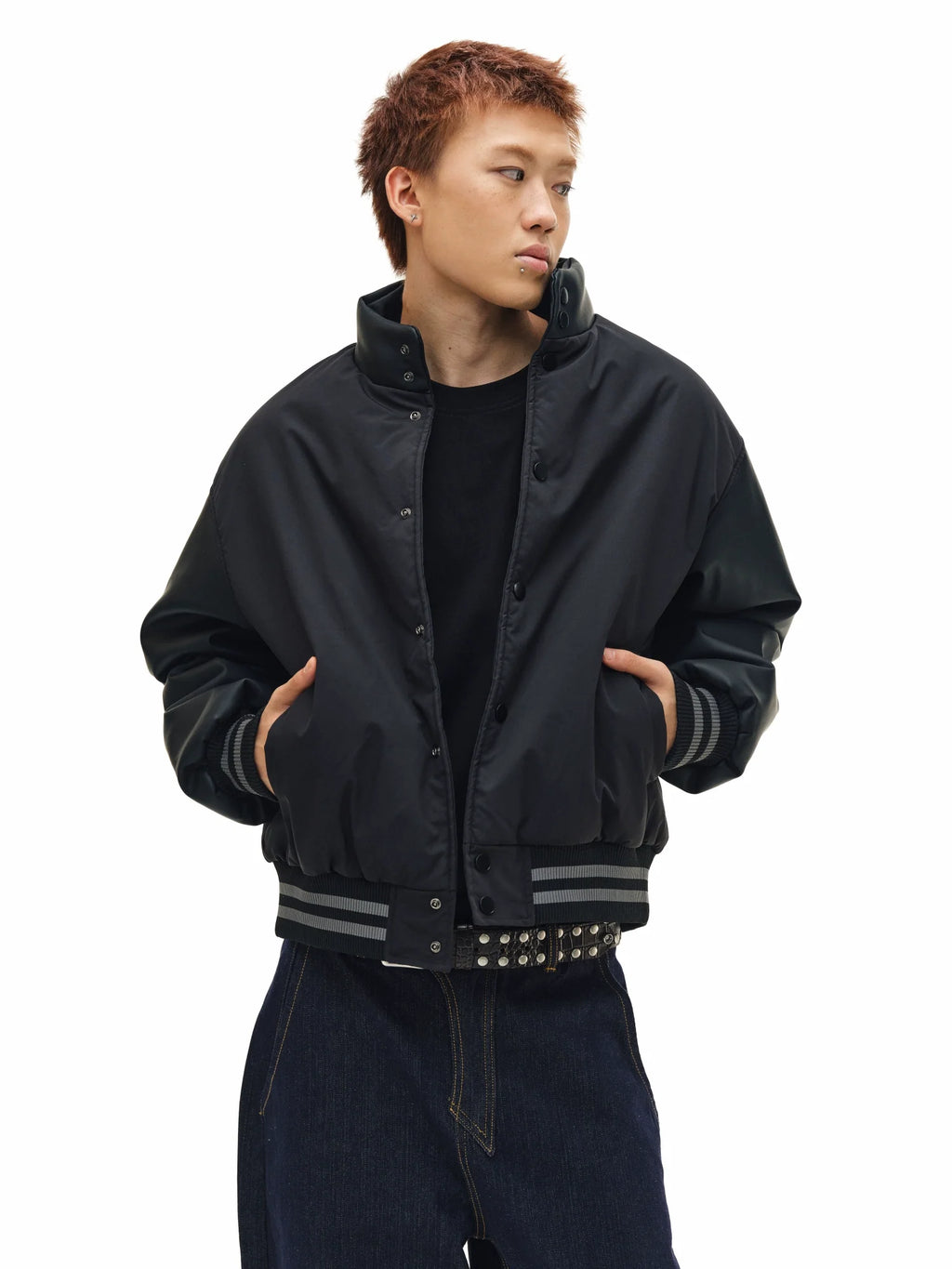 NOVACAM PU Leather Sleeve Puffer Varsity Jacket