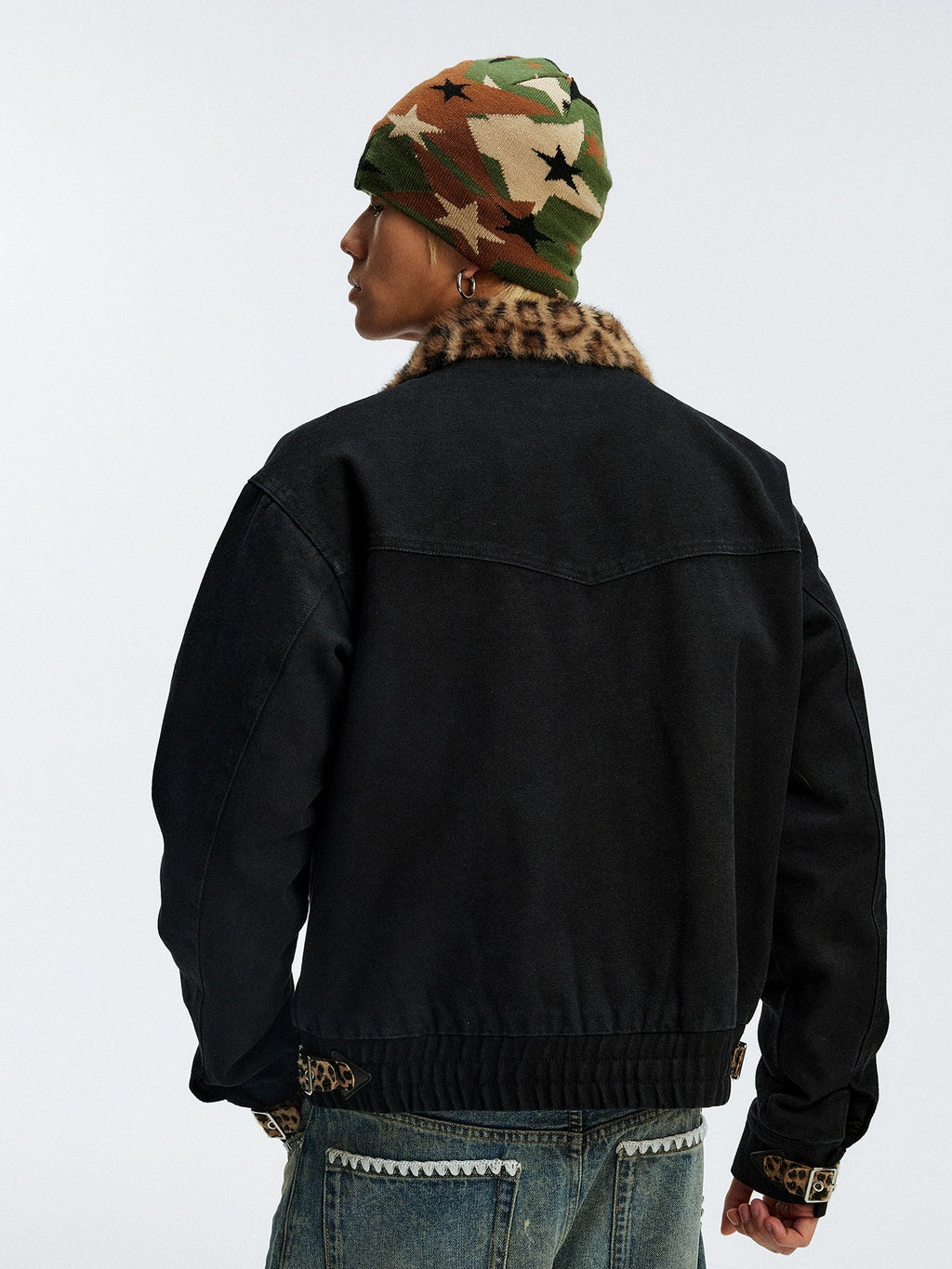 MEDM Leopard Collar Belted Work Jacket
