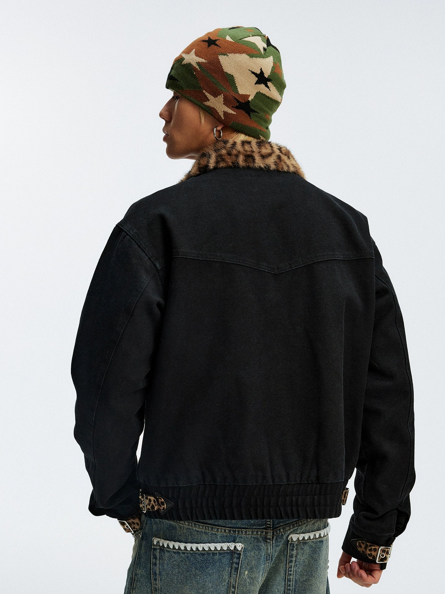 MEDM Leopard Collar Belted Work Jacket