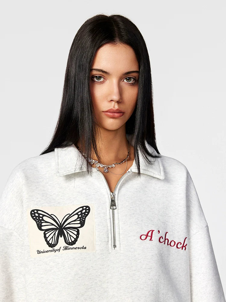 Achock Butterfly Patch Embroidered Half-Zip Sweatshirt