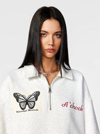 Achock Butterfly Patch Embroidered Half-Zip Sweatshirt