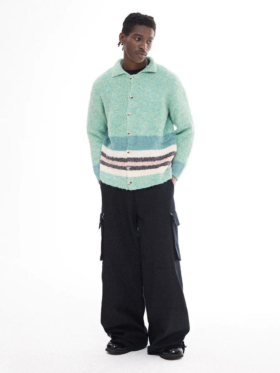 EMPTY REFERENCE Green Striped Wool Knit Cardigan
