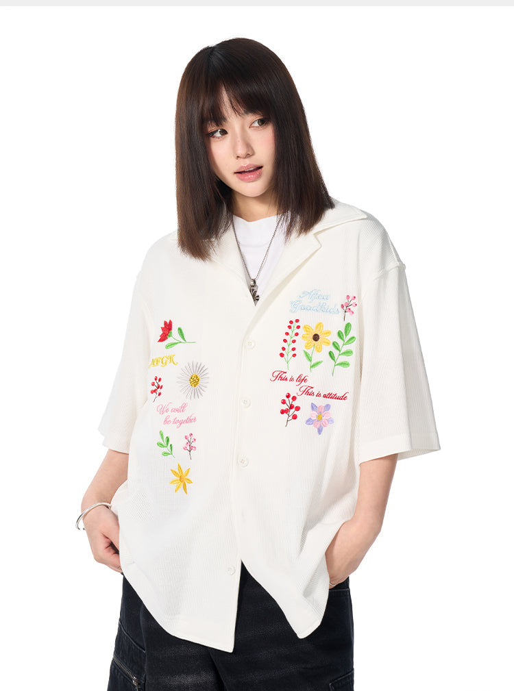 AFGK Floral Embroidered Waffle Short Sleeve Shirt