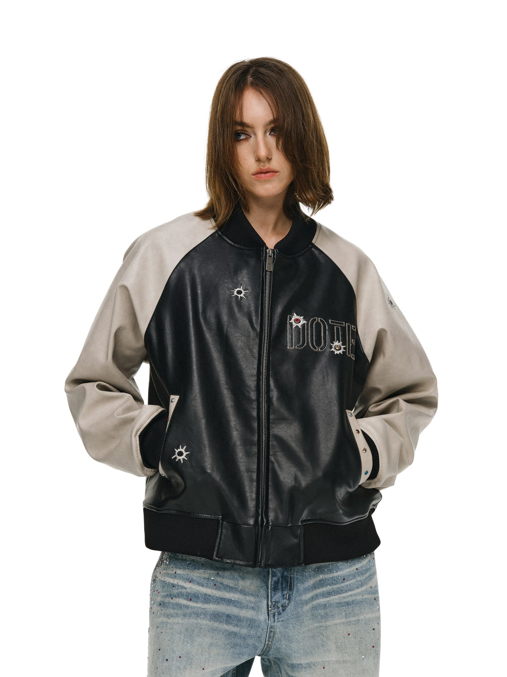 ANTIDOTE Bullseye Color Diamond Studded Leather Baseball Jacket