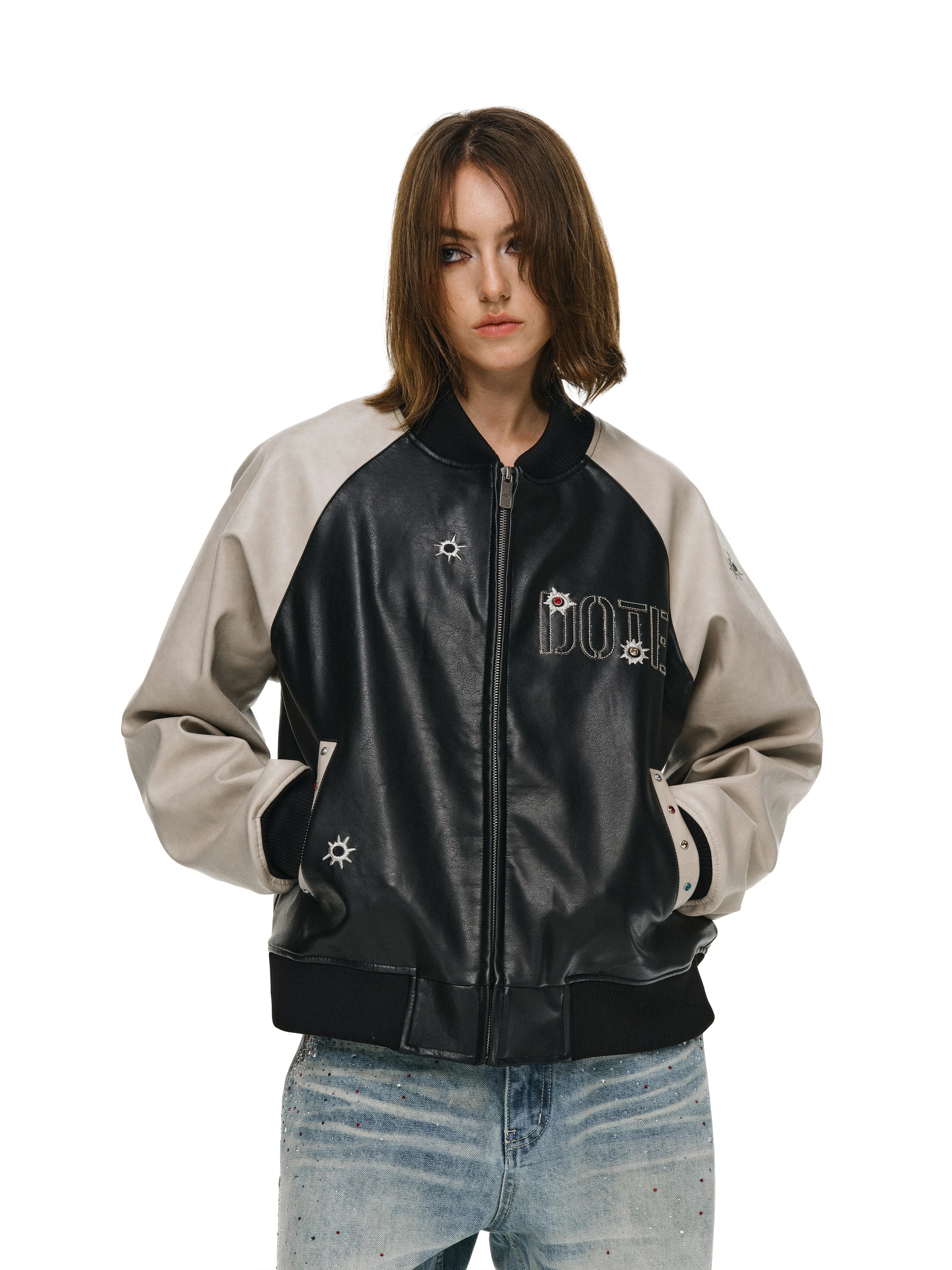 ANTIDOTE Bullseye Color Diamond Studded Leather Baseball Jacket
