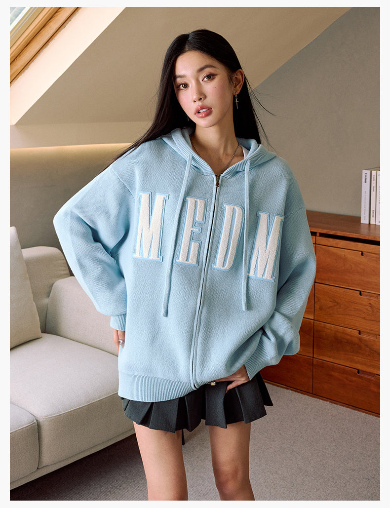 MEDM Basic Embroidered Logo Zip Up Knit Hoodie