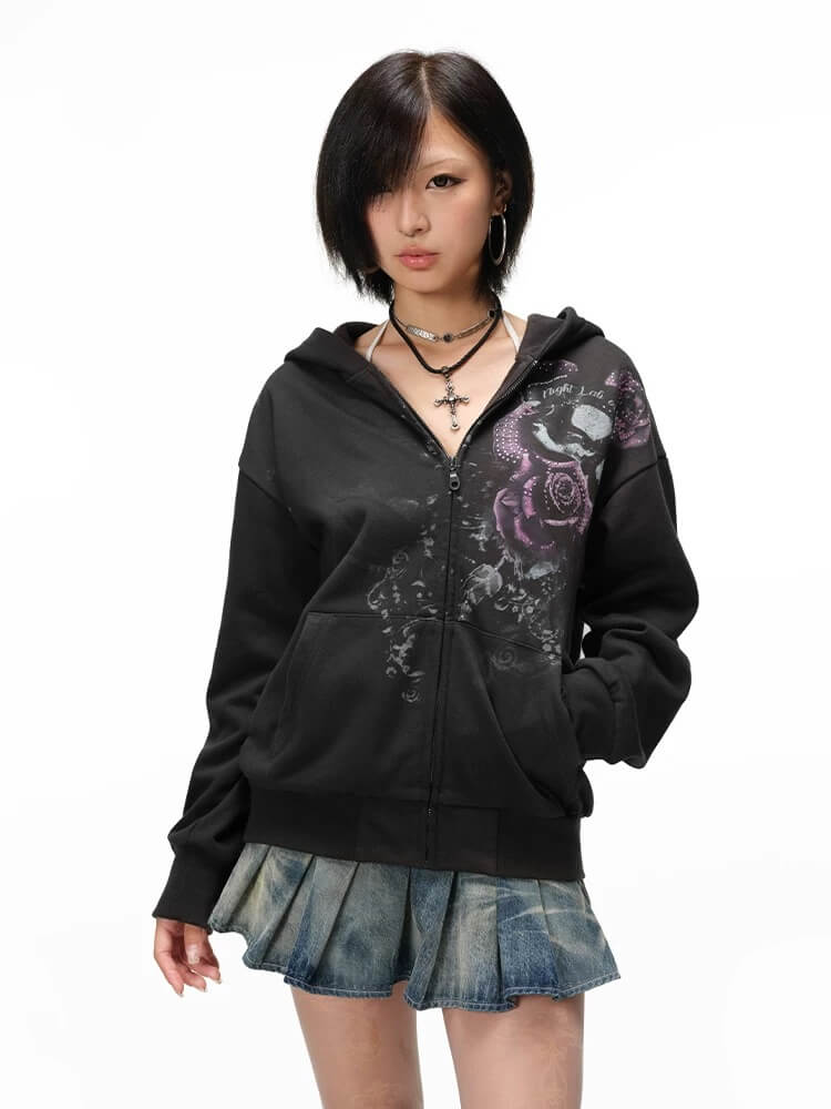 Night Lab Rose Skull Rhinestone Zip Up Hoodie