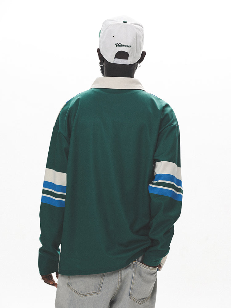 UNTILWERICH Color Blocking Striped Long Sleeve Polo Jersey