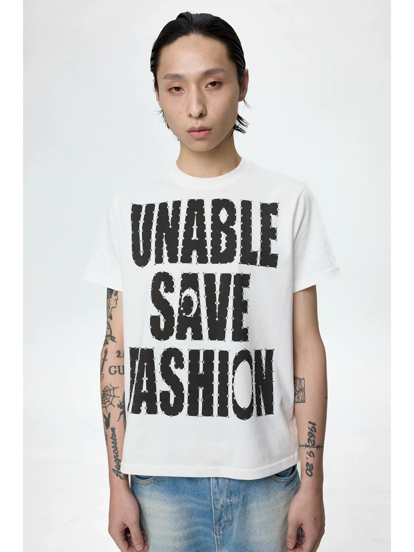 KARMANISTIC Rhinestone Slogan Print Tee