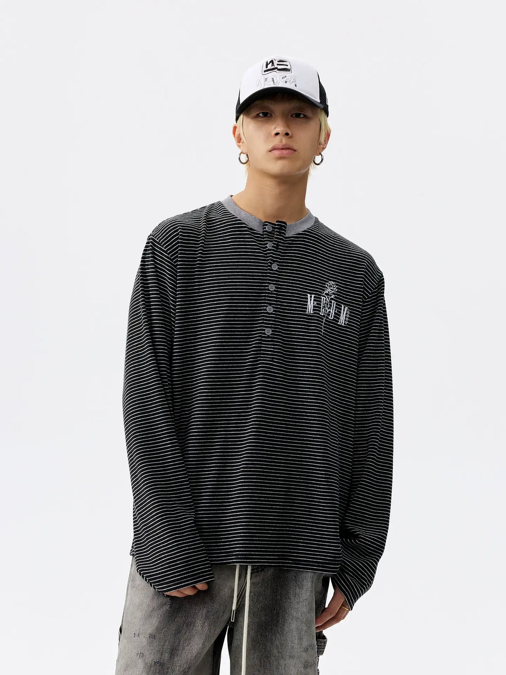 MEDM Rose Embroidered Striped Henley Long Sleeve Tee