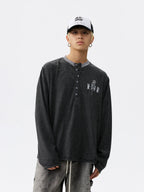 MEDM Rose Embroidered Striped Henley Long Sleeve Tee