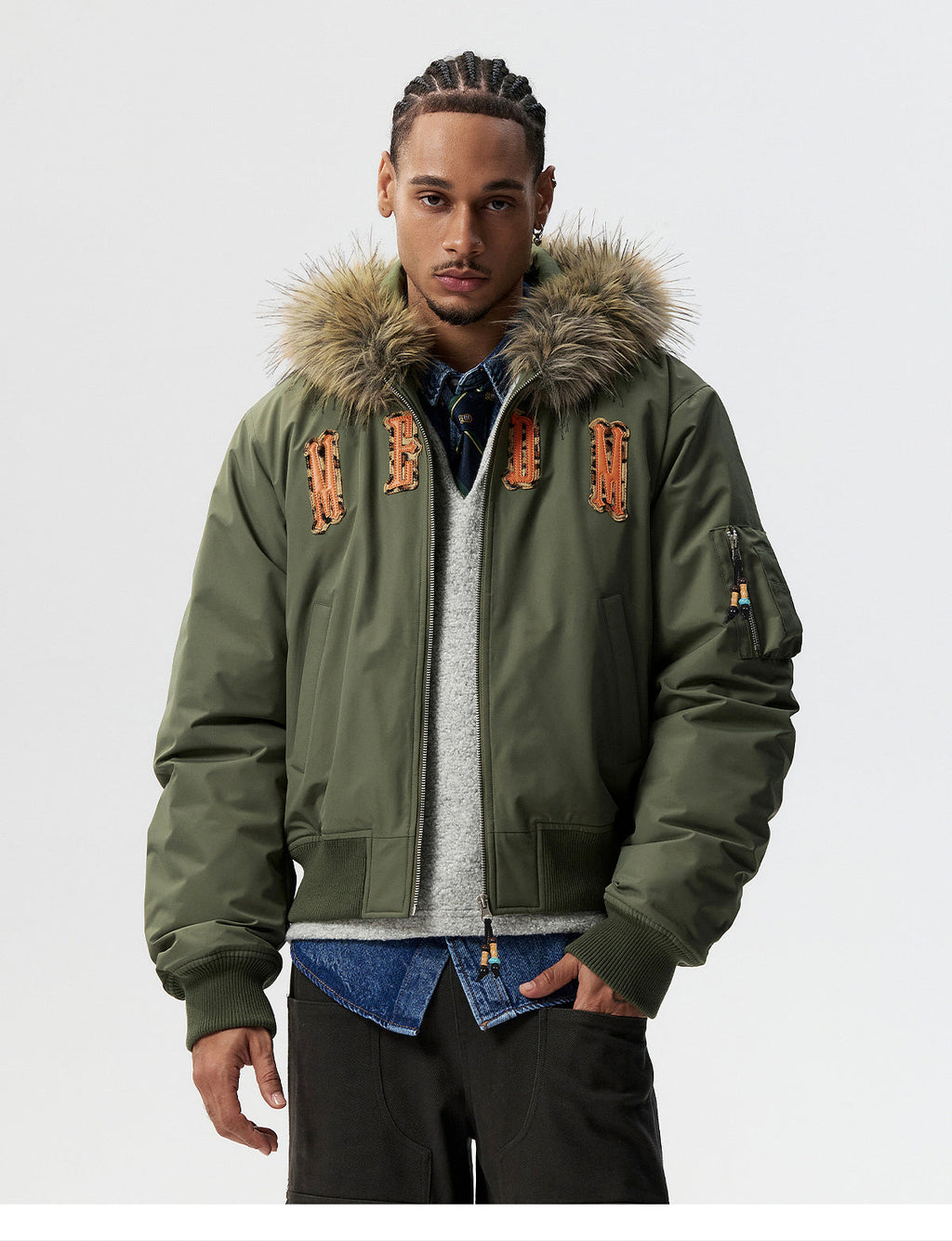 MEDM Animal Logo Patch Fur Hooded Bomber Jacket