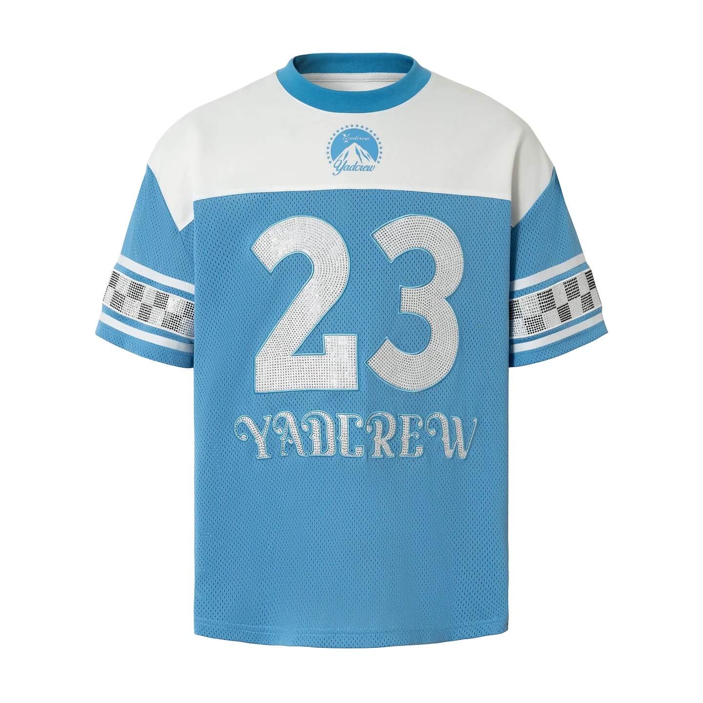YADcrew Rhinestone Digital Checkered Numbering Mesh Tee