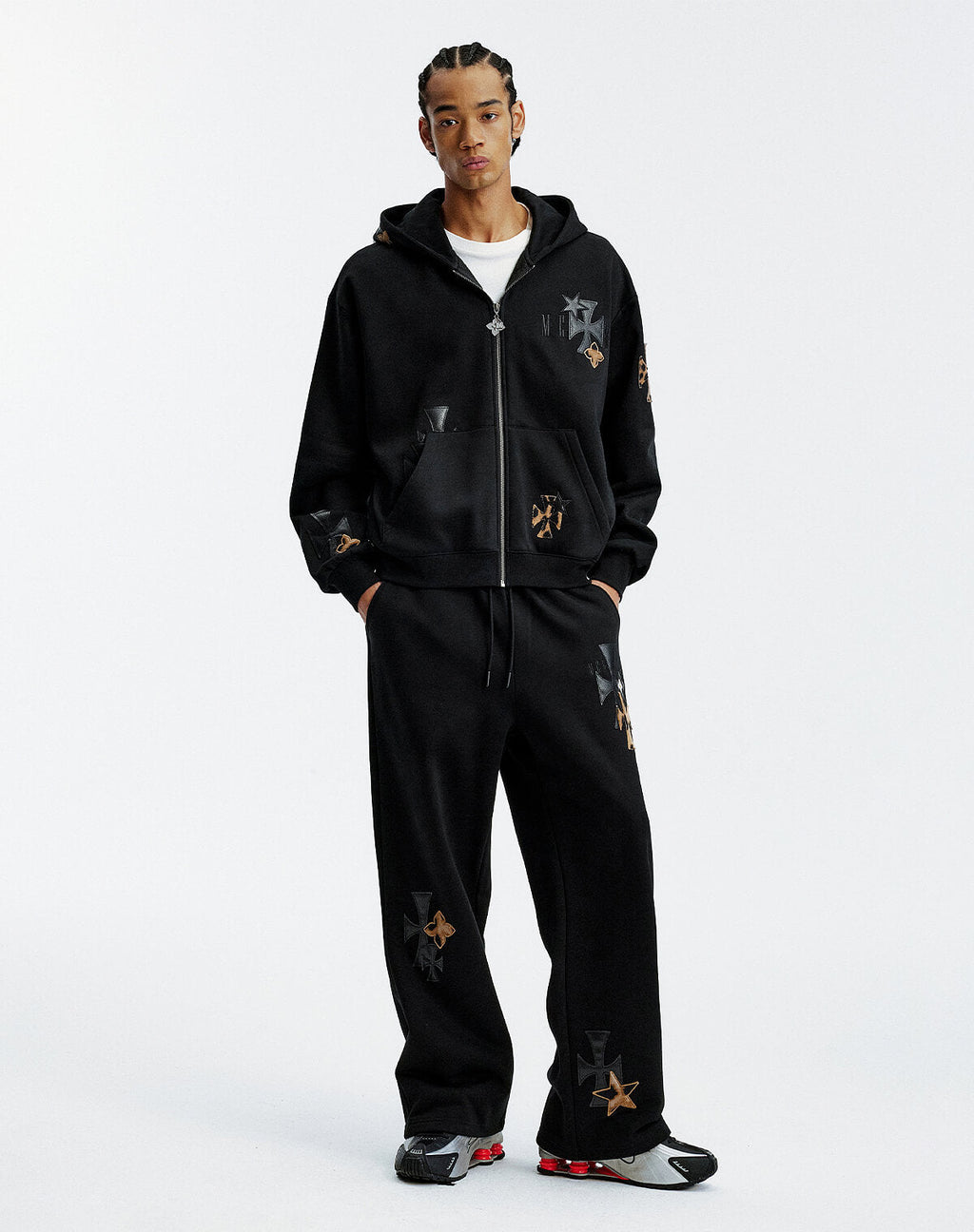 MEDM Cross Star Leather Patchwork Zip Up Hoodie