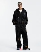 MEDM Cross Star Leather Patchwork Zip Up Hoodie