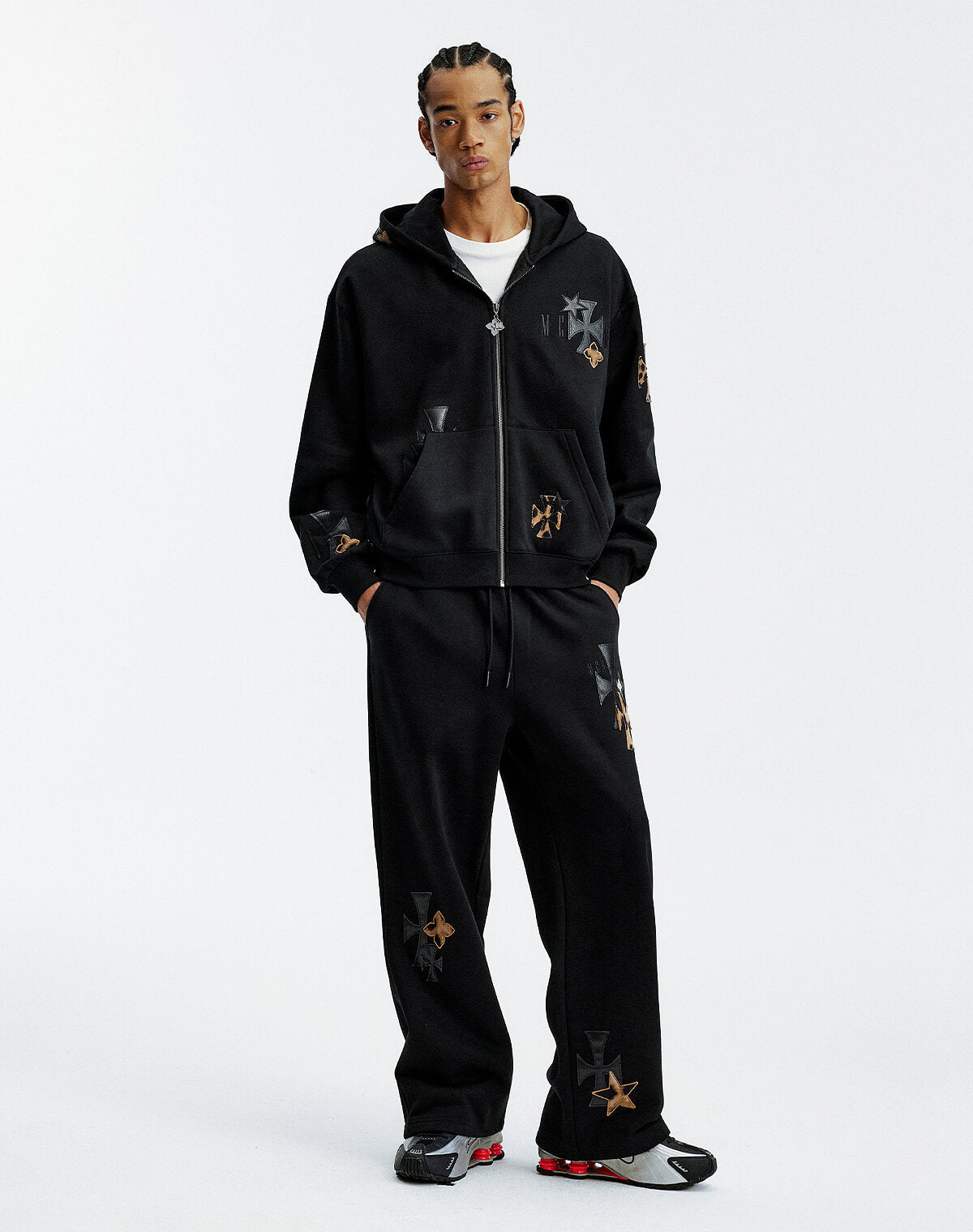 MEDM Cross Star Leather Patchwork Zip Up Hoodie