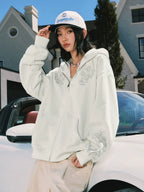 MEDM Patterned Flower Embroidered Zip Up Hoodie