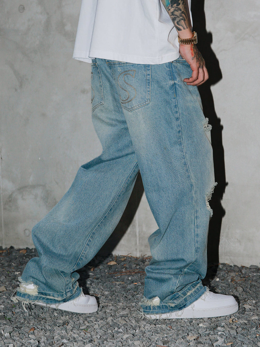 S45 Scattered Hem Washed Distressed Holes Jeans