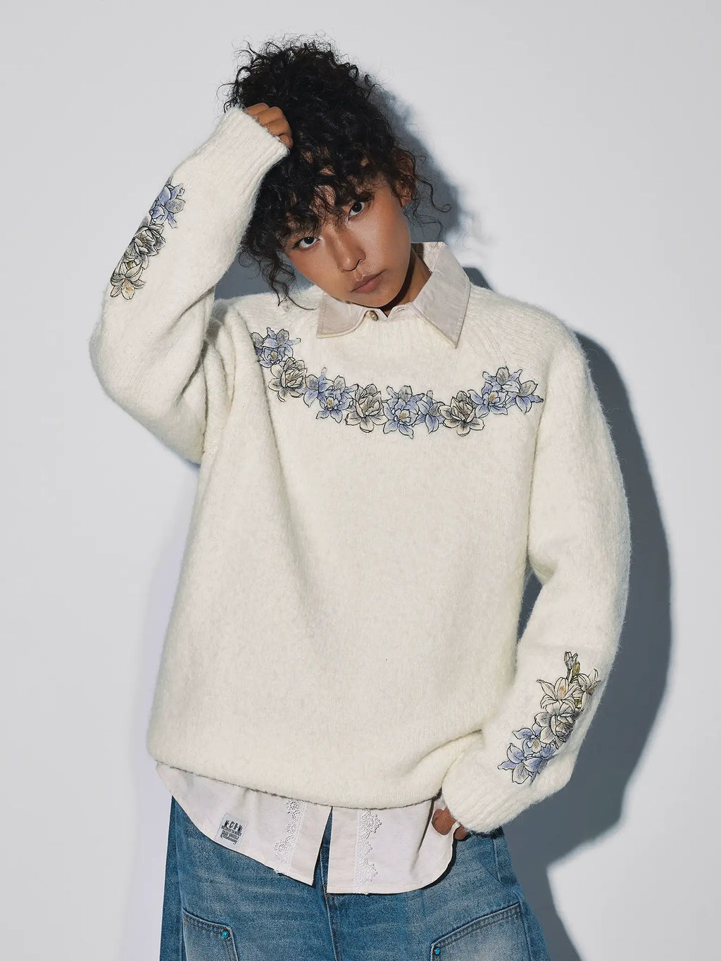 MEDM Floral Embroidered Mohair Knit Sweater