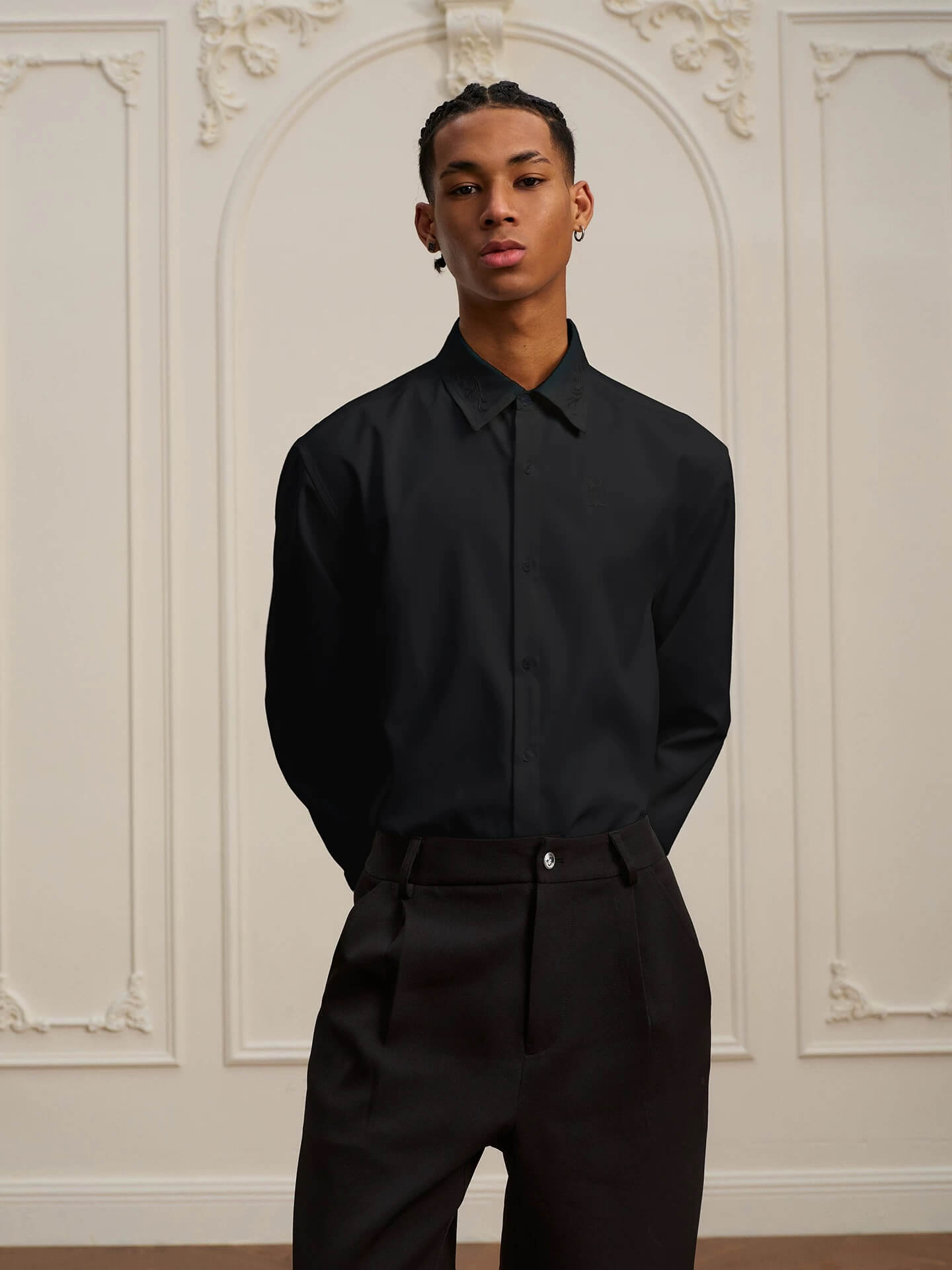 YADcrew Embroidered Lapel Button Up Long Sleeve Shirt