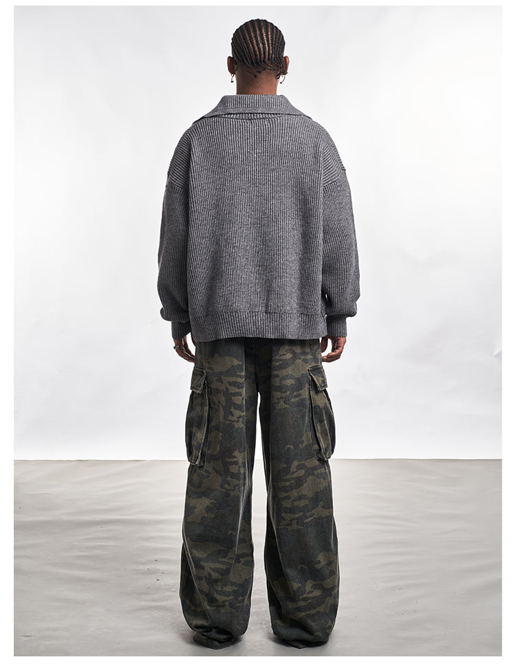 F3F Select Wide Lapel Gray Button Knit Cardigan