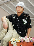 MEDM Flower Embroidery Open Knit Short Sleeve Shirt